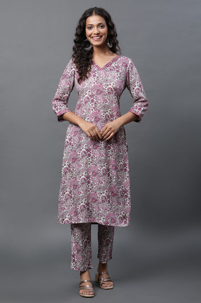 White and Purple Floral Printed Kurta and Pants Co-ord Set