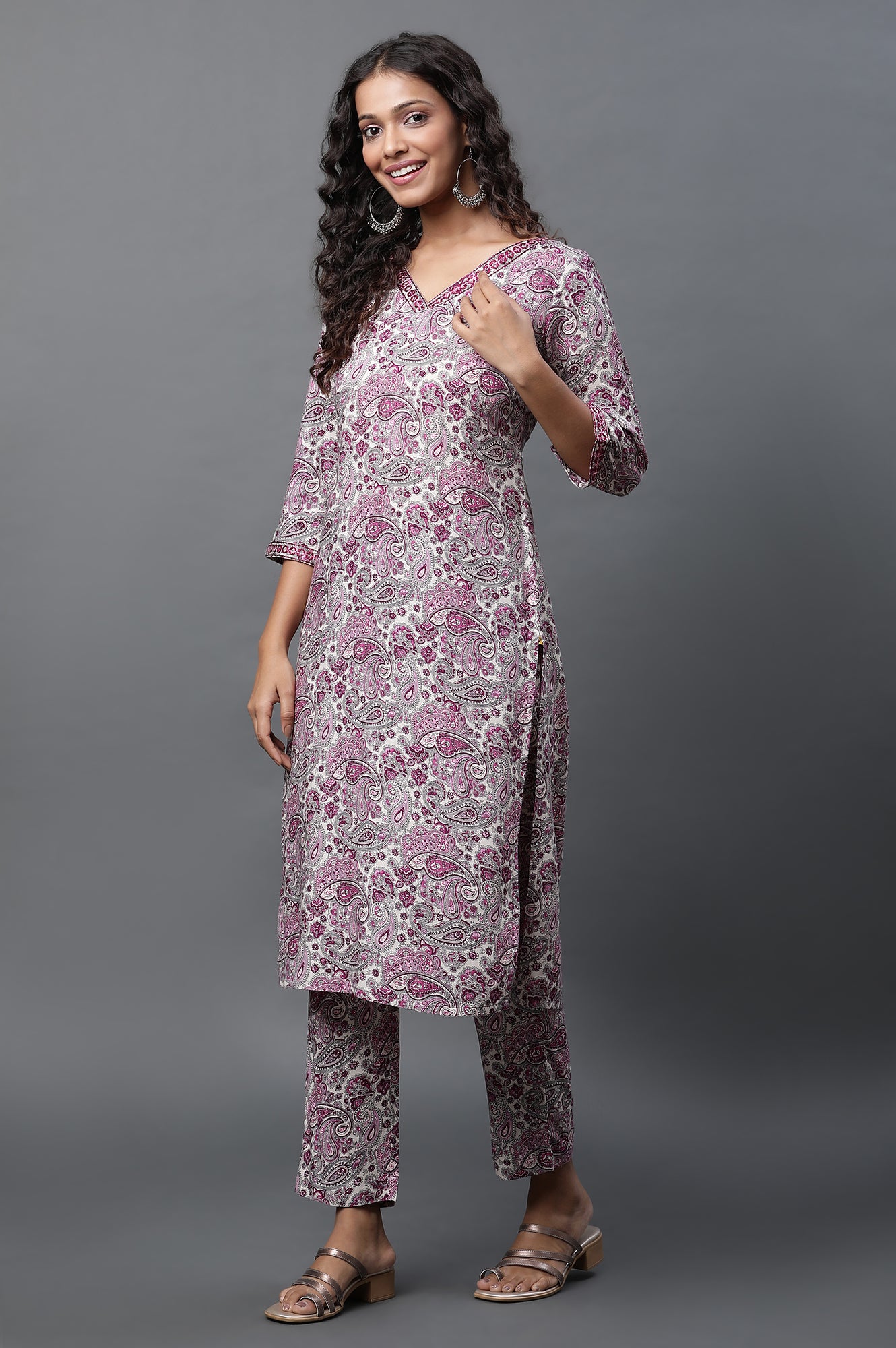 White and Purple Floral Printed Kurta and Pants Co-ord Set