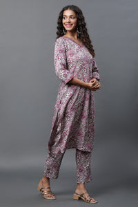 White and Purple Floral Printed Kurta and Pants Co-ord Set