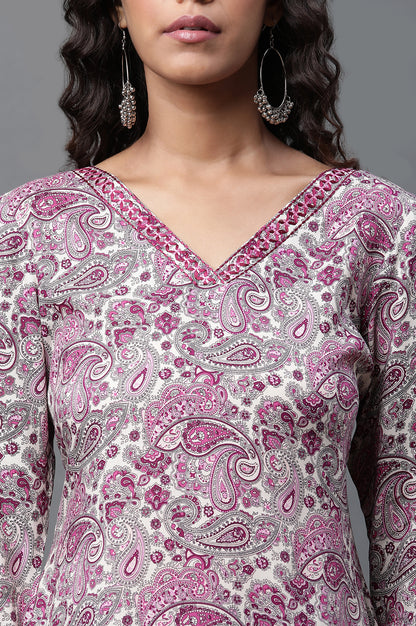 White and Purple Floral Printed Kurta and Pants Co-ord Set