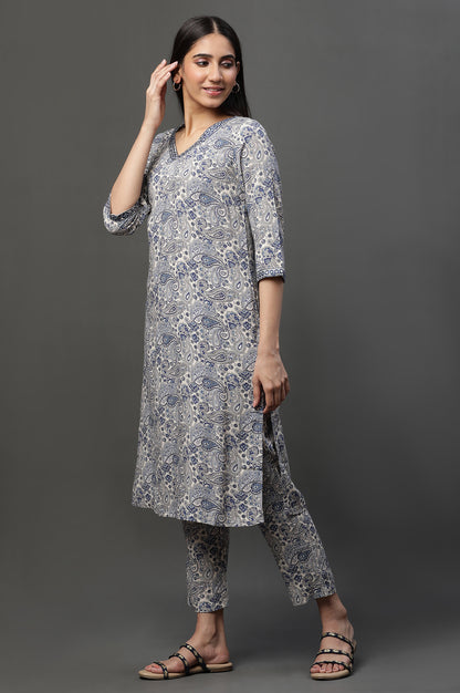 White and Blue Floral Printed Kurta and Pants Co-ord Set