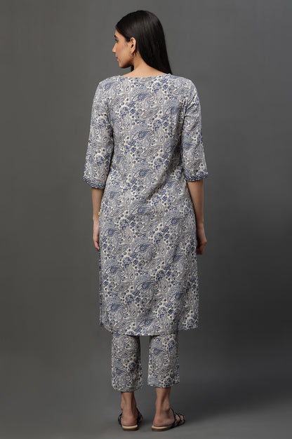 White and Blue Floral Printed Kurta and Pants Co-ord Set