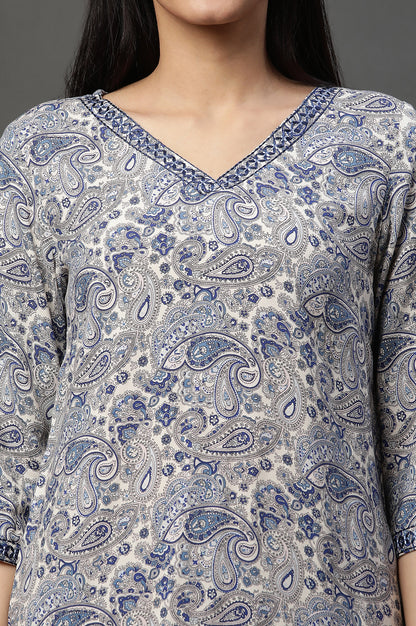 White and Blue Floral Printed Kurta and Pants Co-ord Set