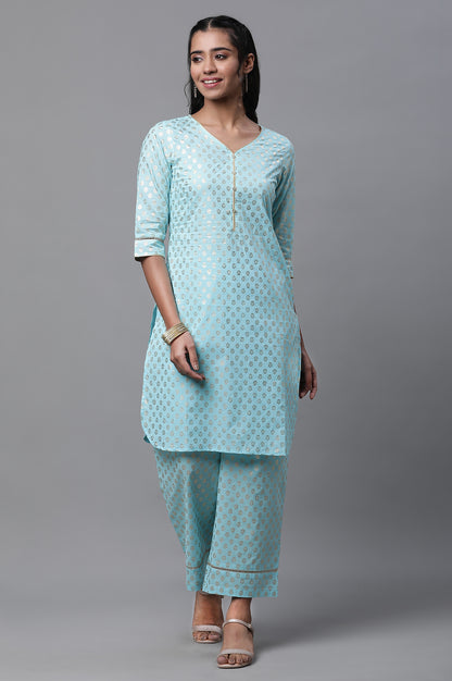 Blue Floral Foil Printed Short Kurta and Pants Co-ord Set