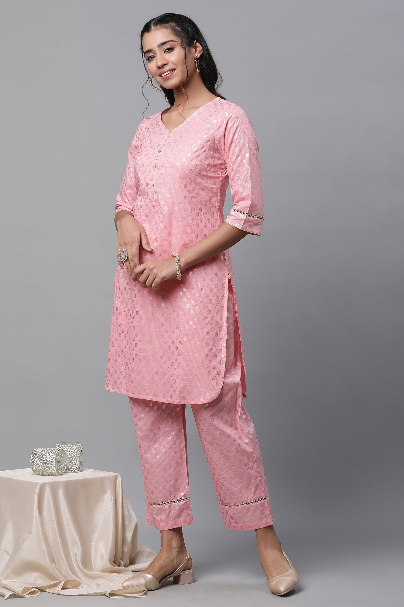 Pink Floral Foil Printed Short Kurta and Pants Co-ord Set