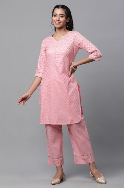 Pink Floral Foil Printed Short Kurta and Pants Co-ord Set