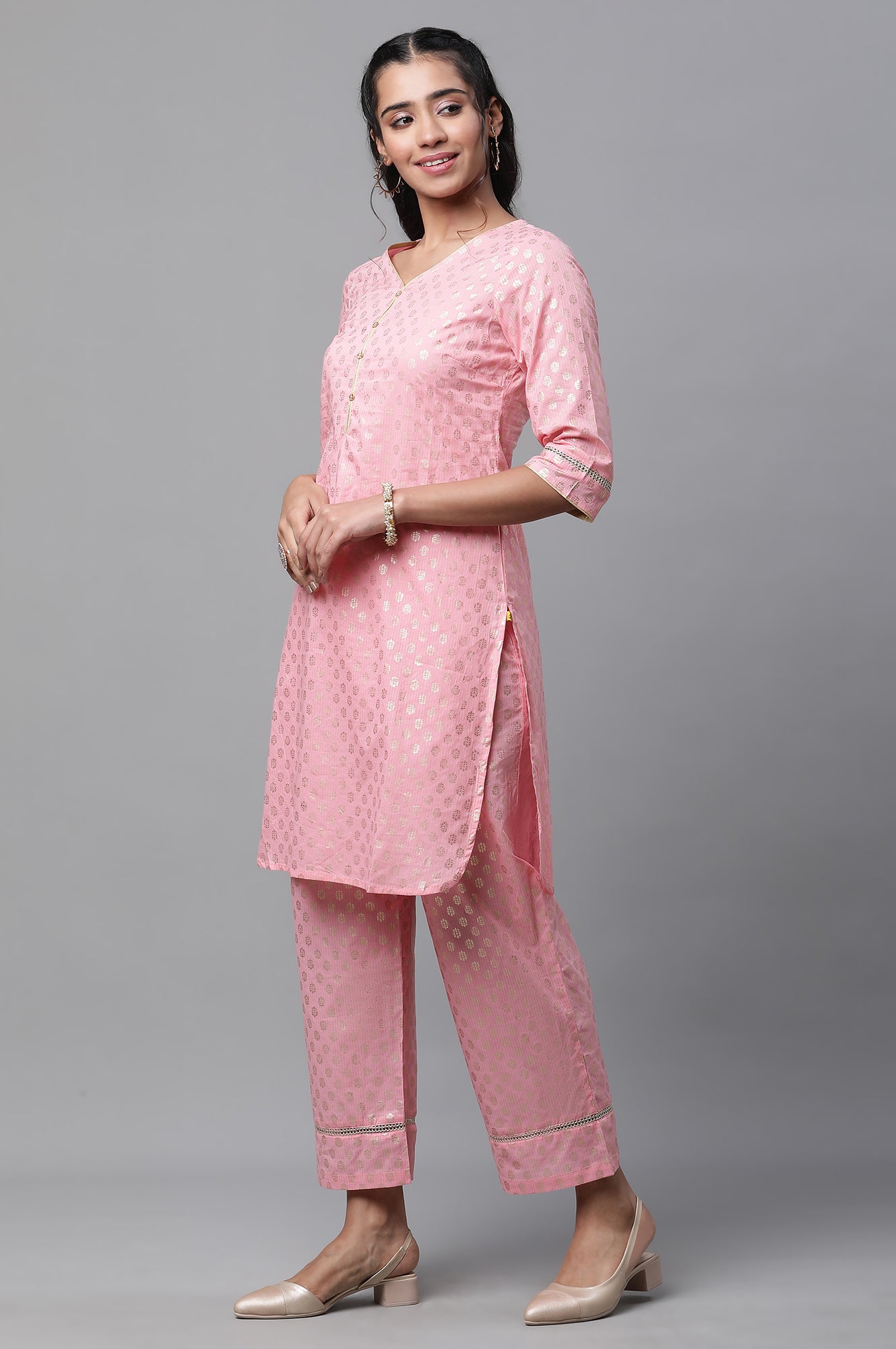 Pink Floral Foil Printed Short Kurta and Pants Co-ord Set