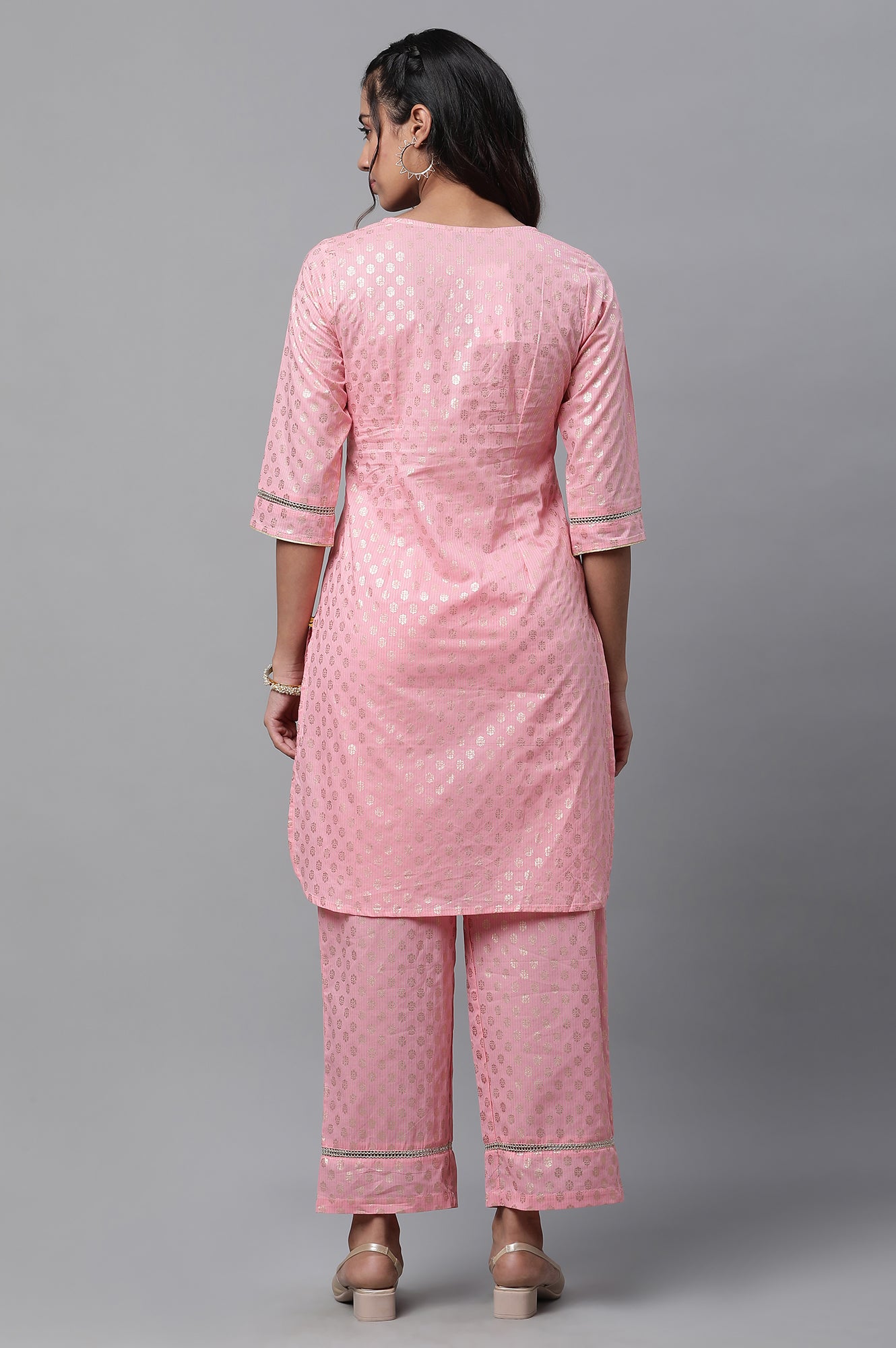 Pink Floral Foil Printed Short Kurta and Pants Co-ord Set