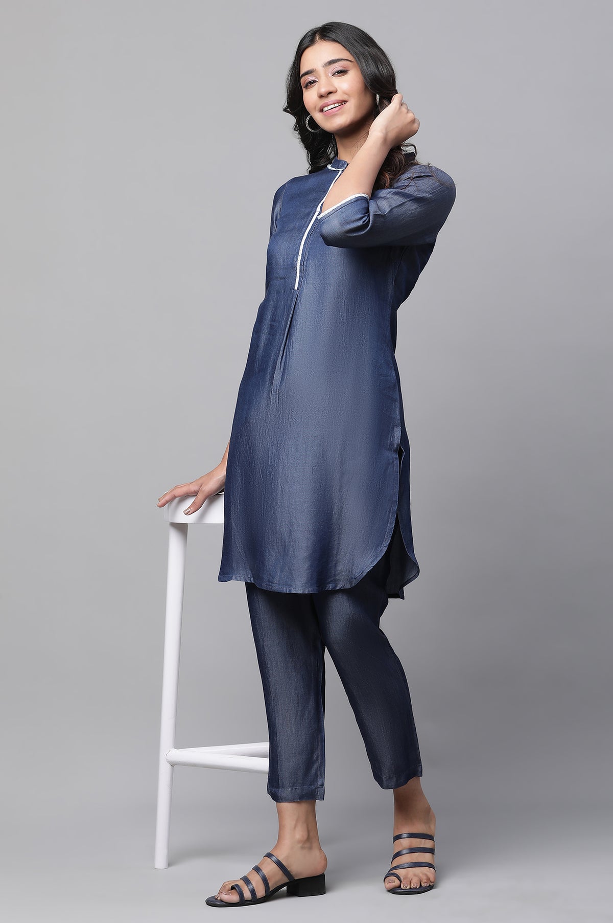 Blue Cotton Denim Straight Lace Kurta and Pants Co-ord Set - XS