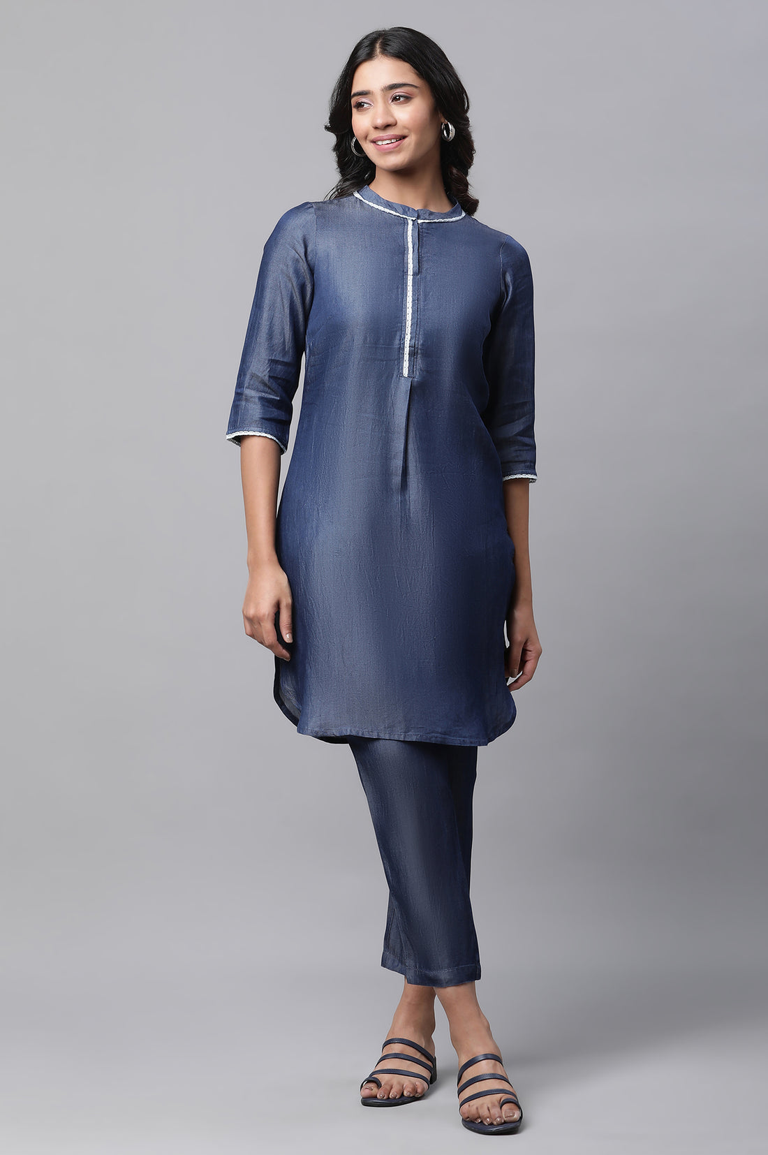 Blue Cotton Denim Straight Lace Kurta and Pants Co-ord Set