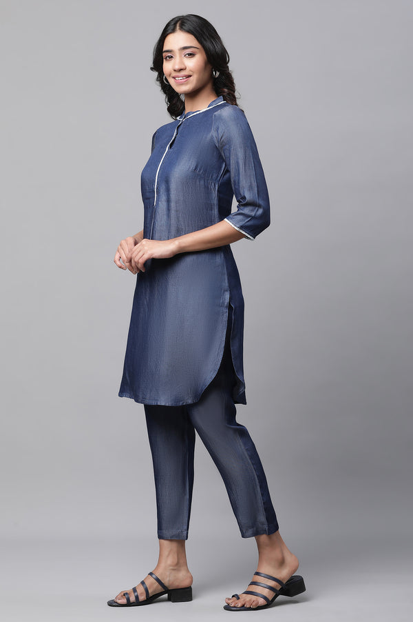 Blue Cotton Denim Straight Lace Kurta and Pants Co-ord Set