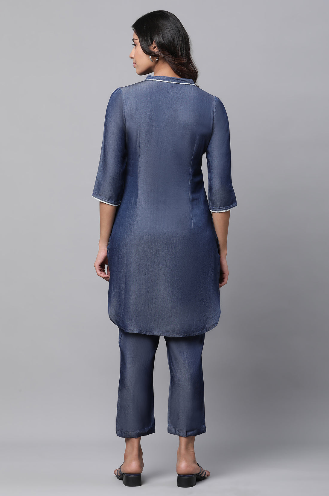 Blue Cotton Denim Straight Lace Kurta and Pants Co-ord Set