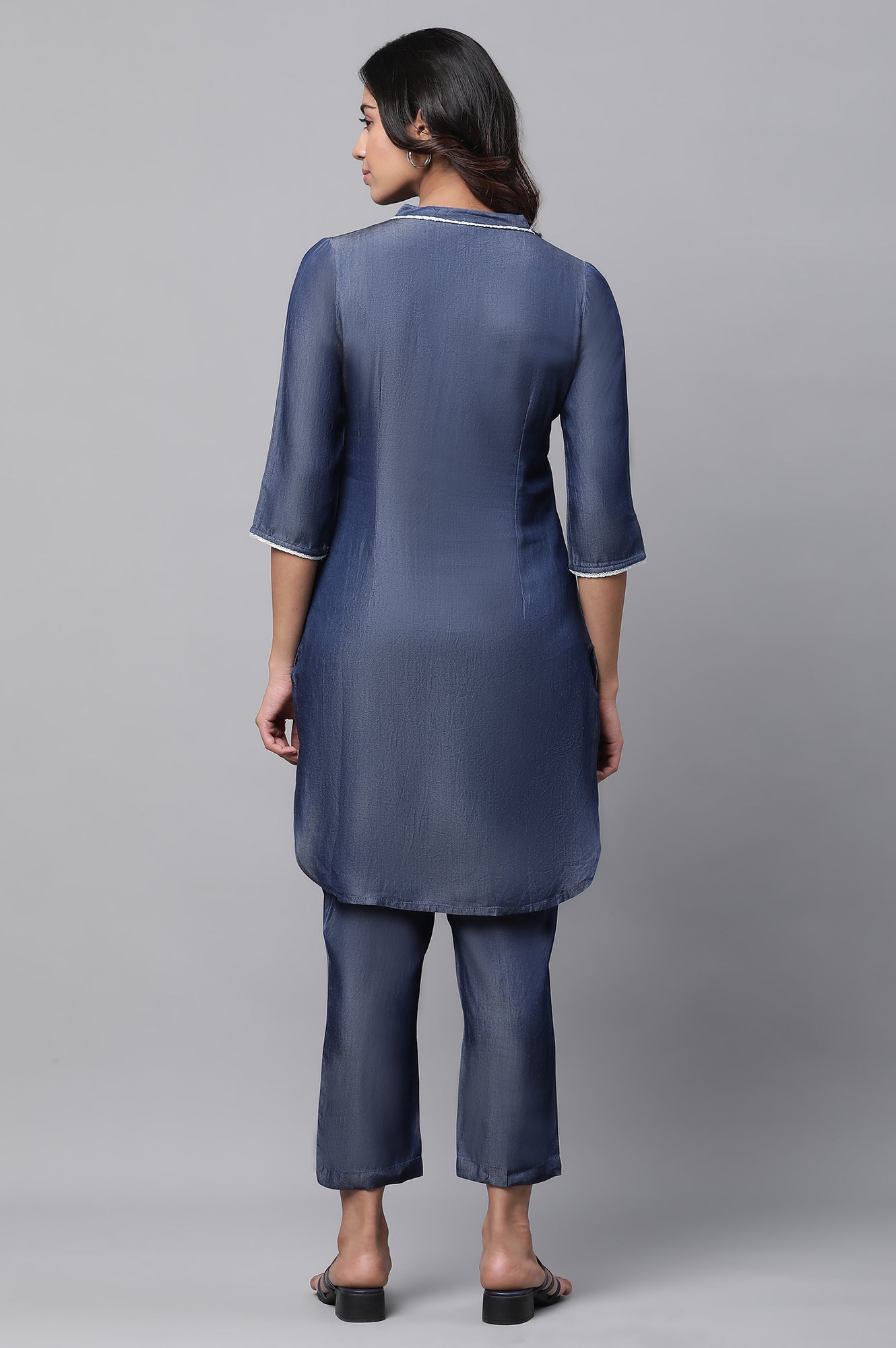 Blue Cotton Denim Kurta and Pants Co-ord Set