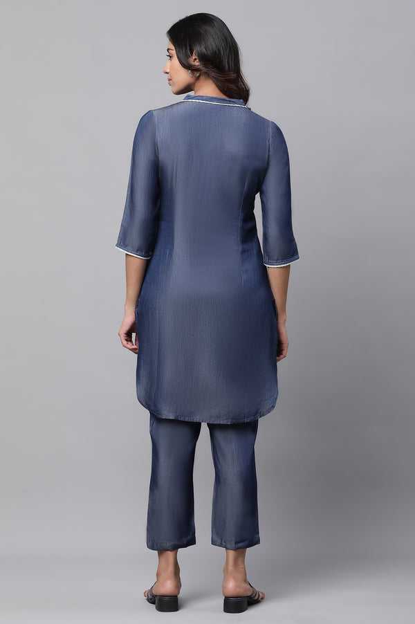 Blue Cotton Denim Straight Lace Kurta and Pants Co-ord Set