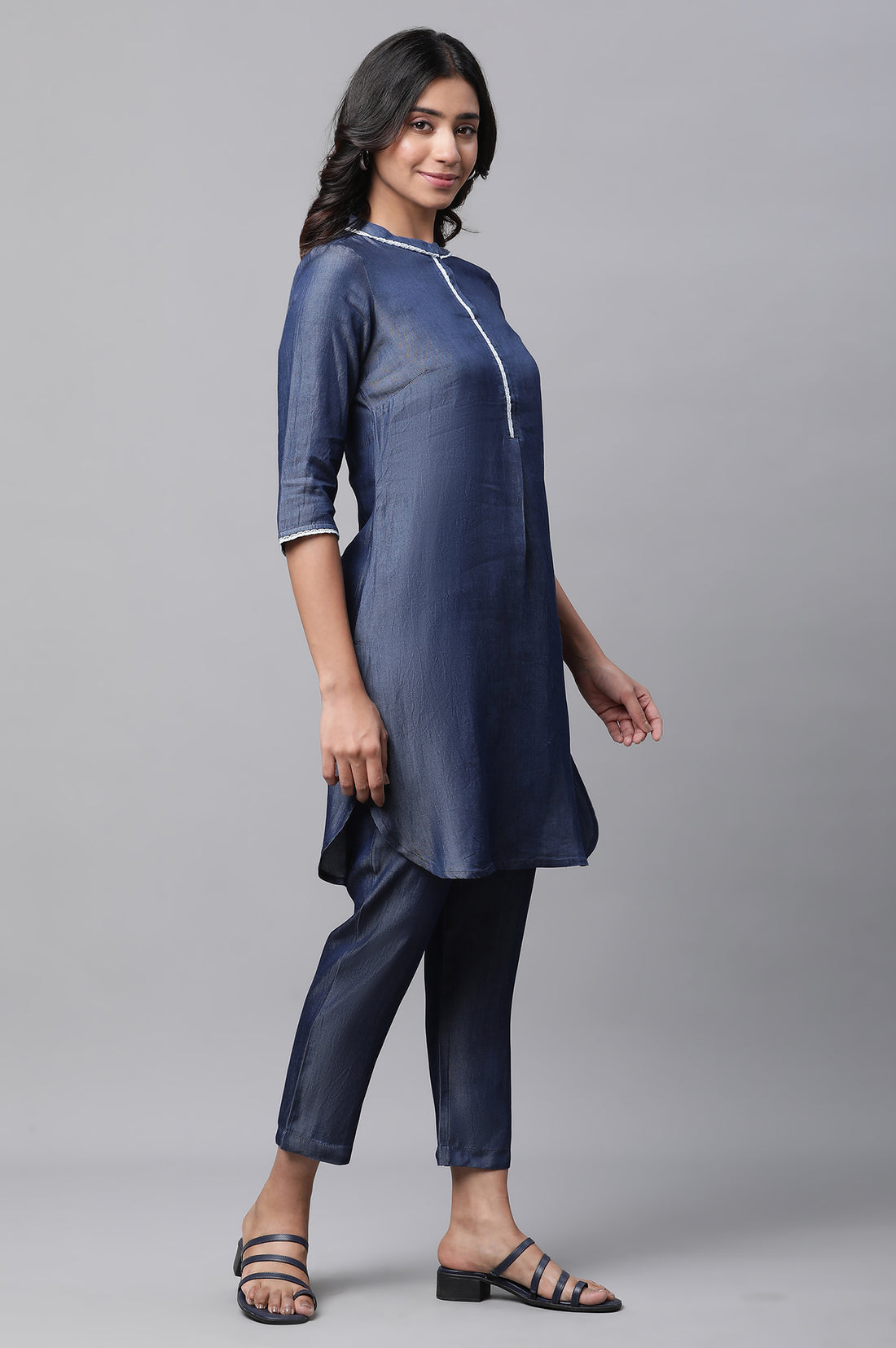 Blue Cotton Denim Straight Lace Kurta and Pants Co-ord Set