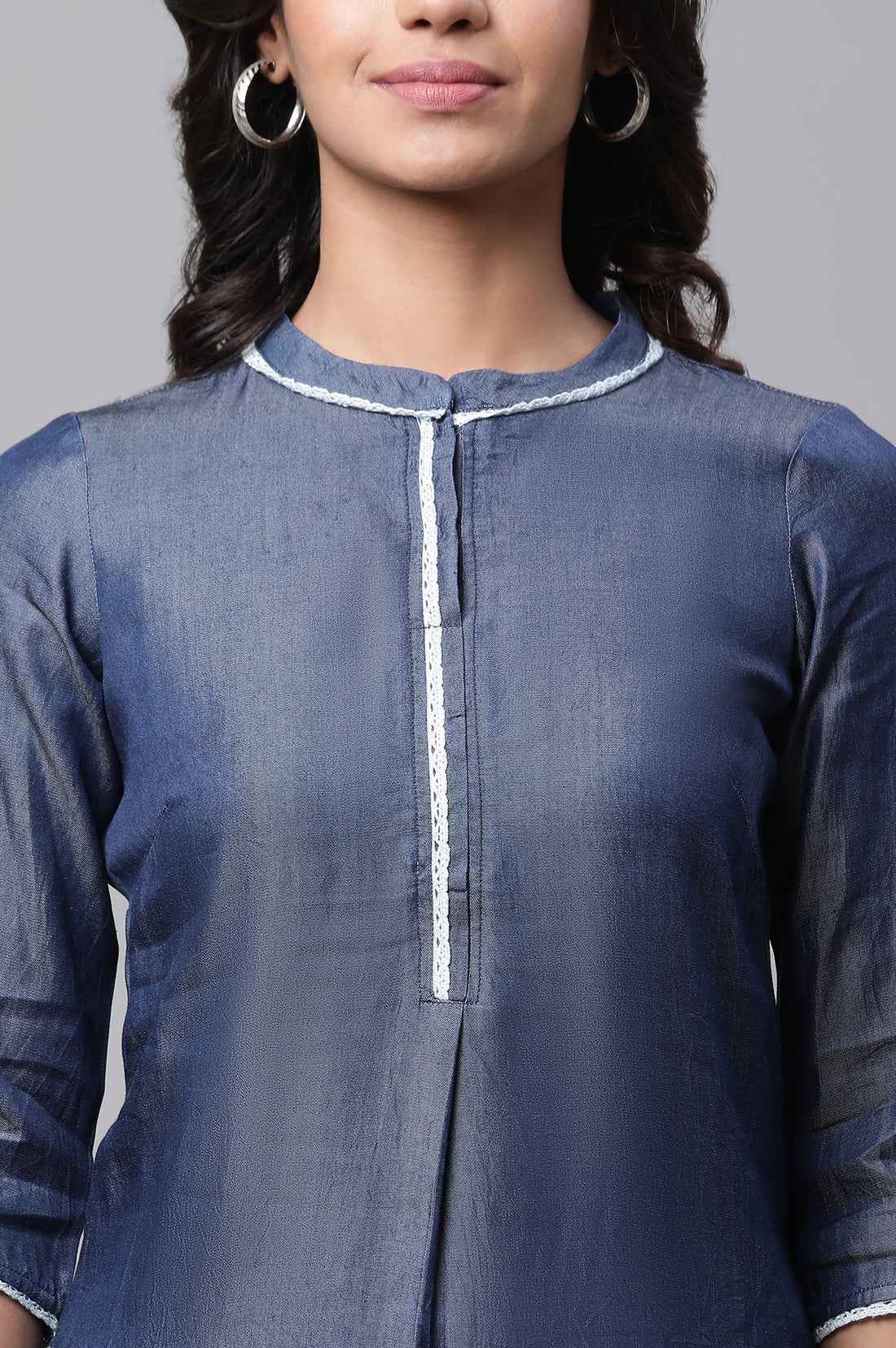 Blue Cotton Denim Straight Lace Kurta and Pants Co-ord Set