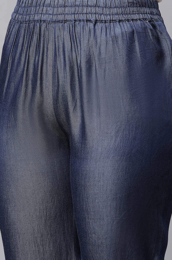 Blue Cotton Denim Straight Lace Kurta and Pants Co-ord Set