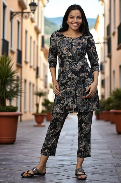 Black Floral Printed Kurta and Pants Coord Set