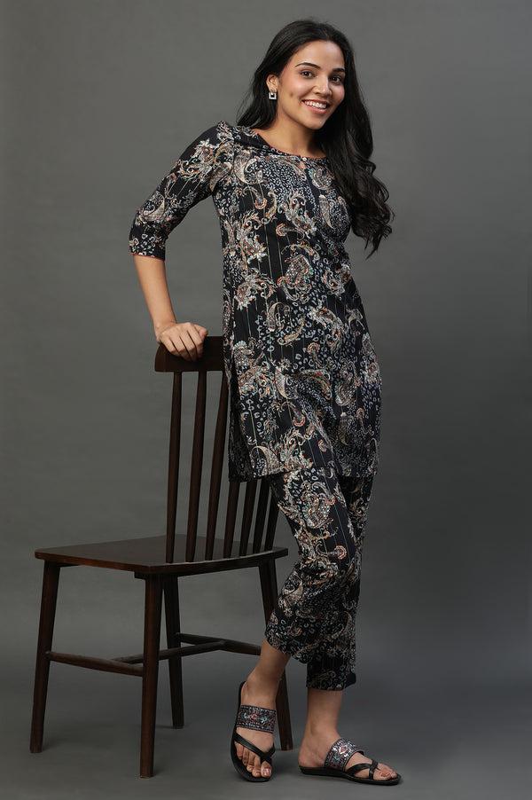 Black Floral Printed Kurta and Pants Co-ord Set