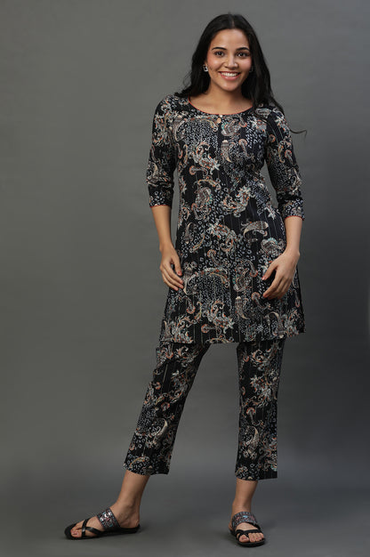 Black Floral Printed Kurta and Pants Coord Set