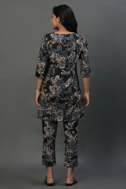 Black Floral Printed Kurta and Pants Coord Set