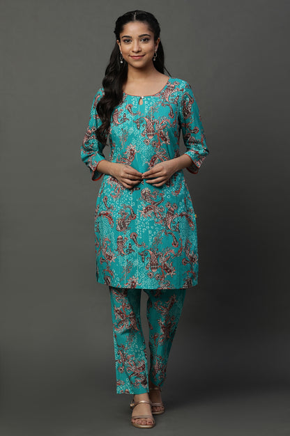 Blue Floral Printed Kurta and Pants Coord Set