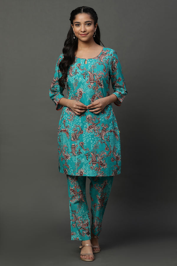 Blue Floral Printed Kurta and Pants Coord Set
