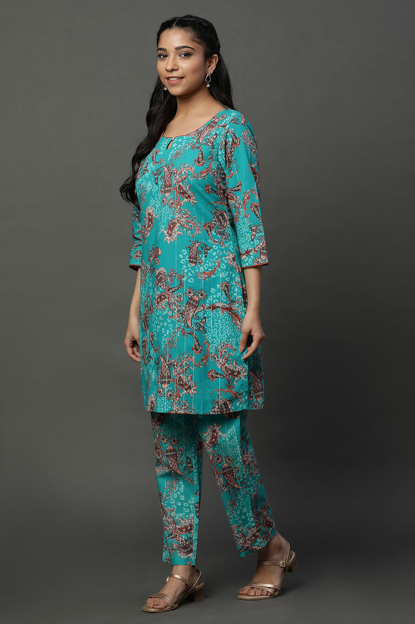 Blue Floral Printed Kurta and Pants Coord Set