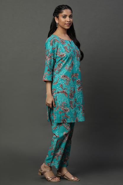 Blue Floral Printed Kurta and Pants Coord Set