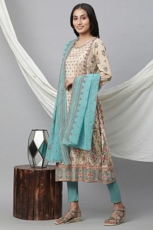 Beige Printed Festive Kurta, Tights and Dupatta Set