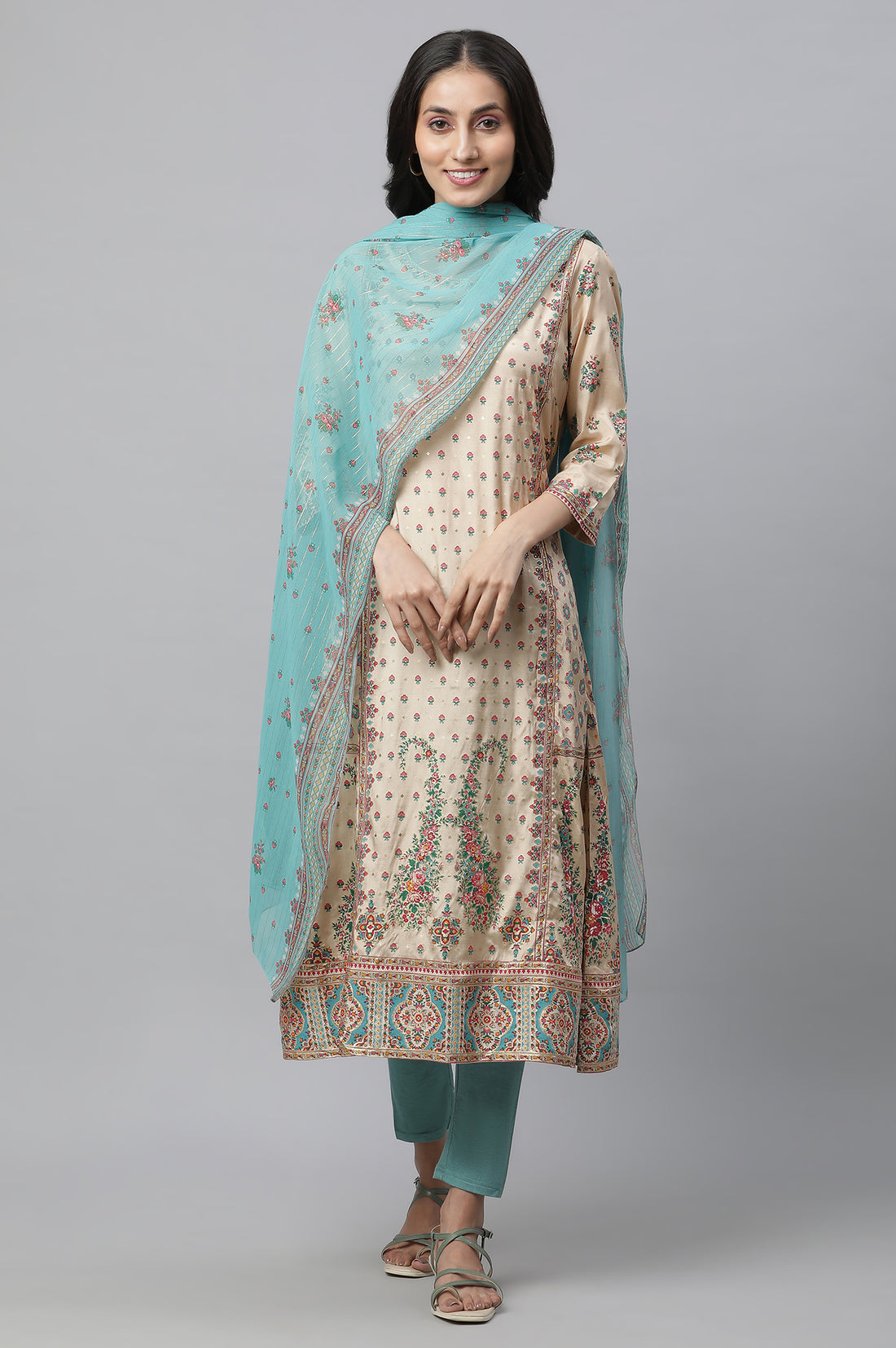 Beige Printed Festive Kurta, Tights and Dupatta Set
