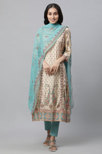 Beige Printed Festive Kurta, Tights and Dupatta Set