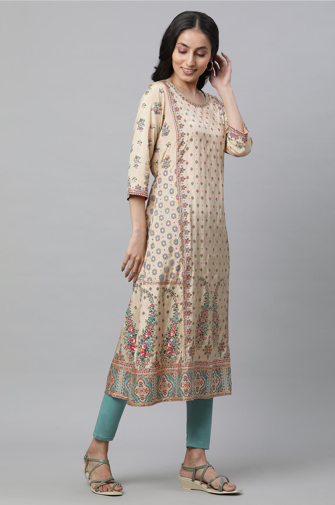 Beige Printed Festive Kurta, Tights and Dupatta Set