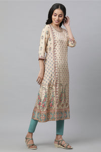 Beige Printed Festive Kurta, Tights and Dupatta Set