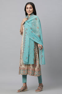 Beige Printed Festive Kurta, Tights and Dupatta Set