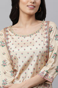 Beige Printed Festive Kurta, Tights and Dupatta Set