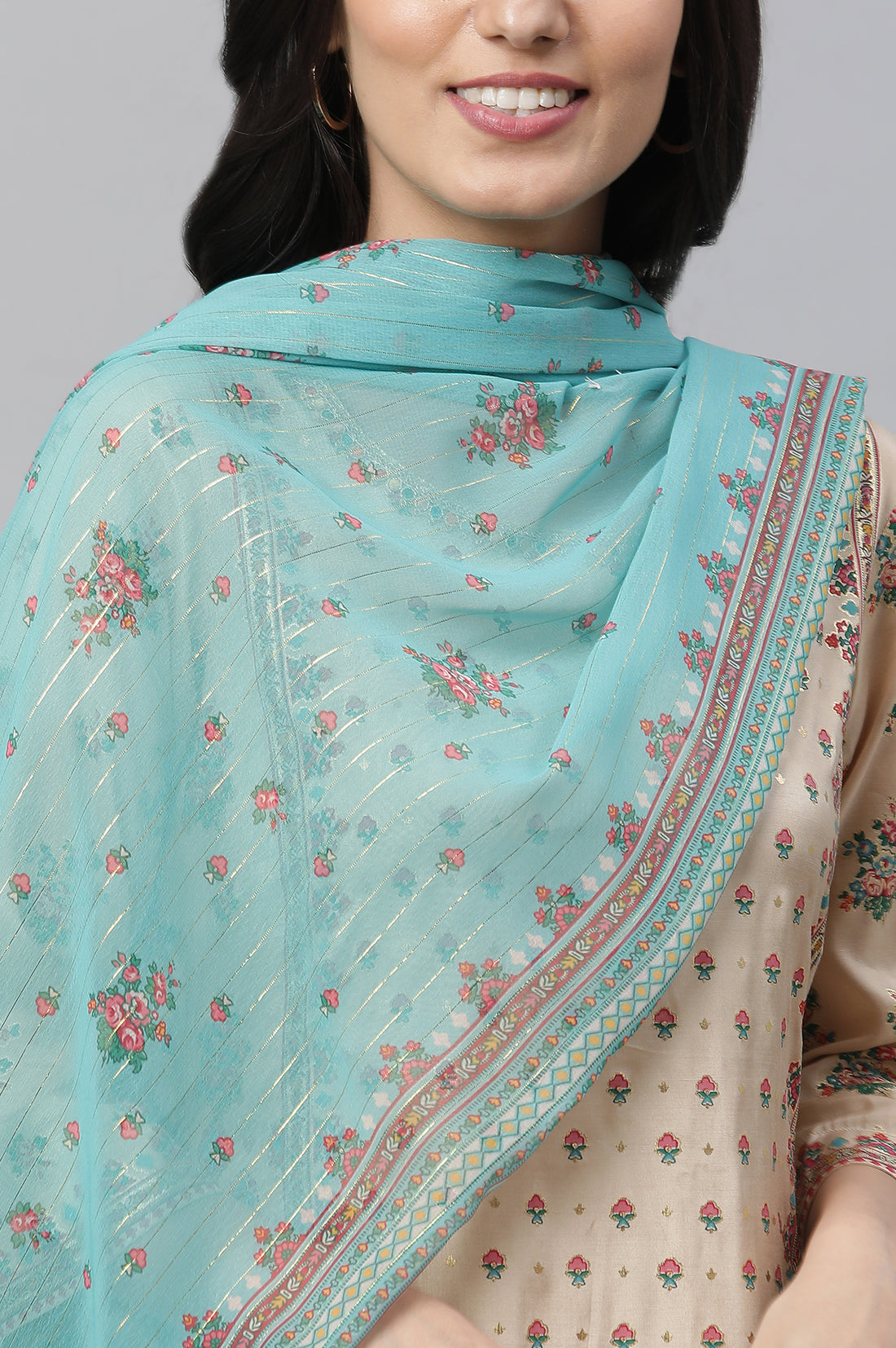 Beige Printed Festive Kurta, Tights and Dupatta Set