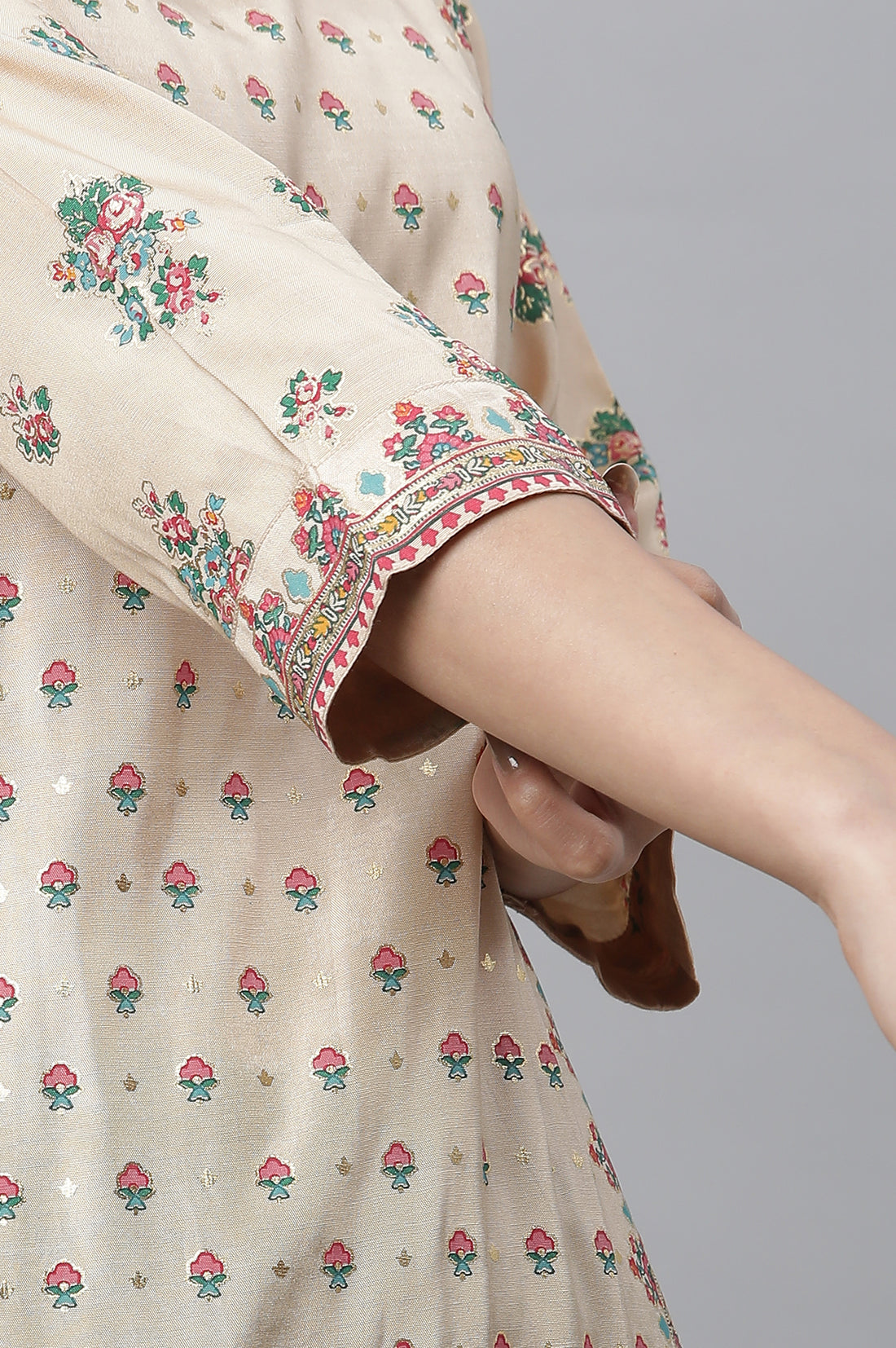 Beige Printed Festive Kurta, Tights and Dupatta Set