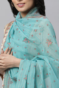 Beige Printed Festive Kurta, Tights and Dupatta Set
