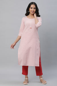 Peach Stripe Textured Cotton Kurta and Trouser Set