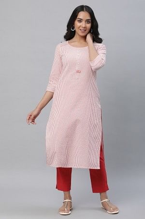 Peach Stripe Seer Sucker Kurta and Trouser Set