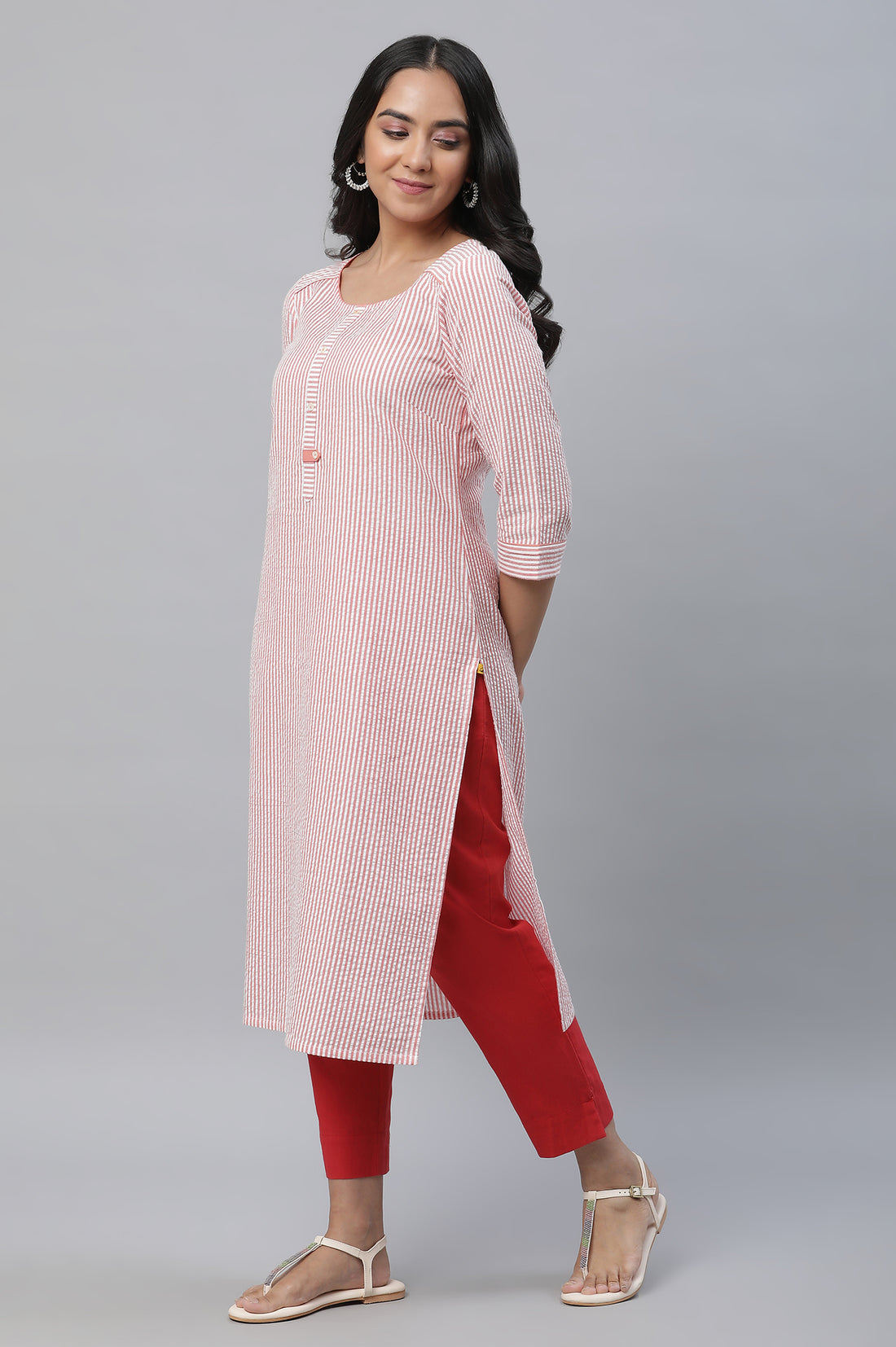 Peach Stripe Textured Cotton Kurta and Trouser Set