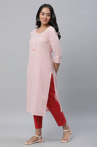 Peach Stripe Textured Cotton Kurta and Trouser Set