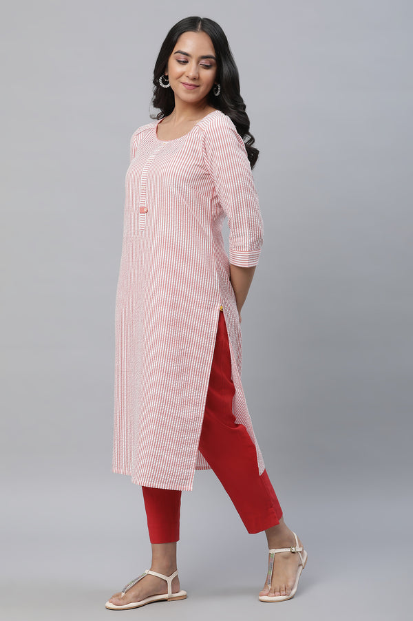 Peach Stripe Textured Cotton Kurta and Trouser Set