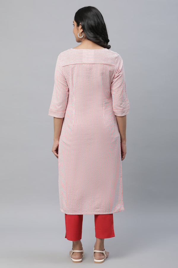 Peach Stripe Textured Cotton Kurta and Trouser Set