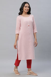 Peach Stripe Textured Cotton Kurta and Trouser Set