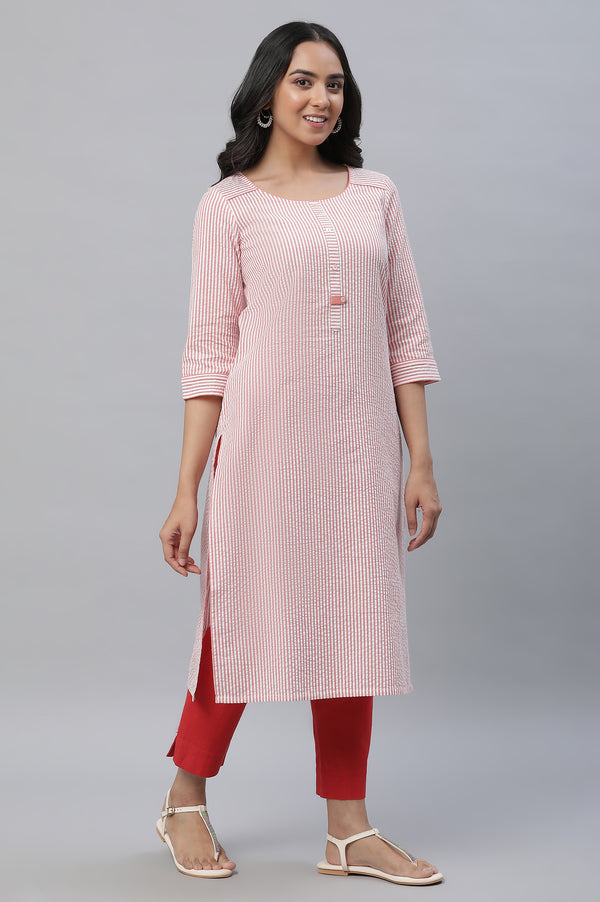 Peach Stripe Textured Cotton Kurta and Trouser Set