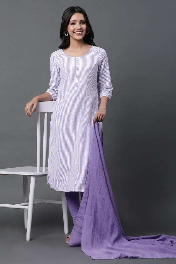 Purple Stripe Printed Kurta, Tights and Dupatta Set