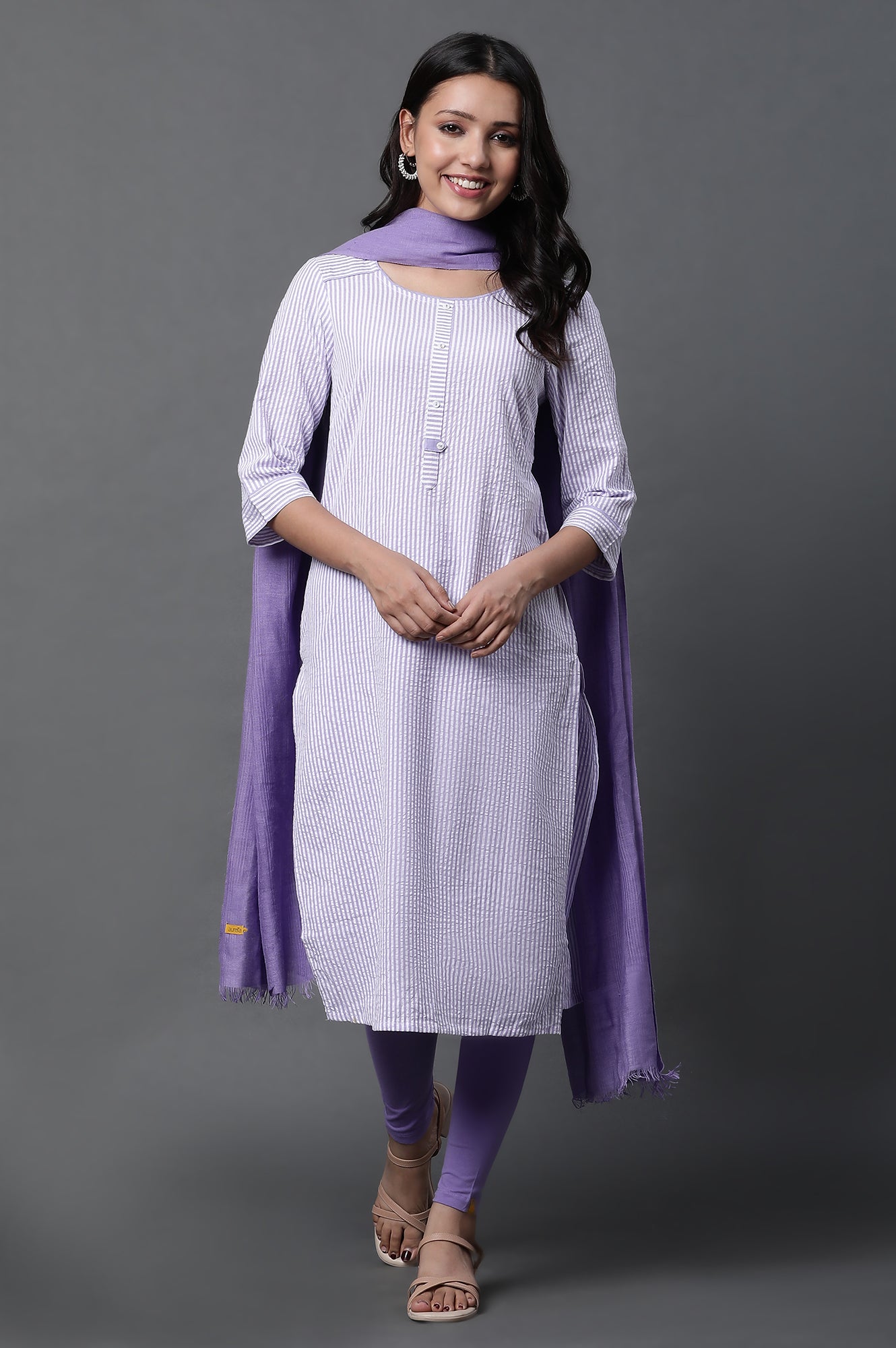 Purple Stripe Printed Kurta, Tights and Dupatta Set