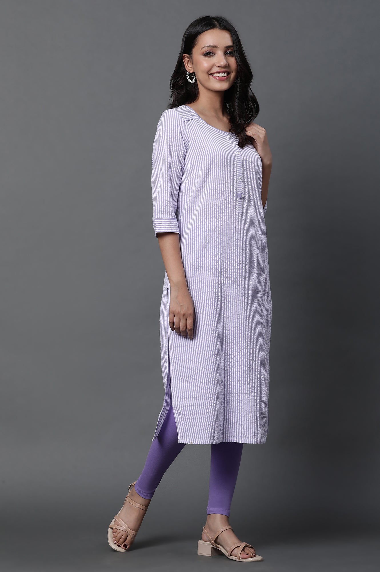 Purple Stripe Printed Kurta, Tights and Dupatta Set